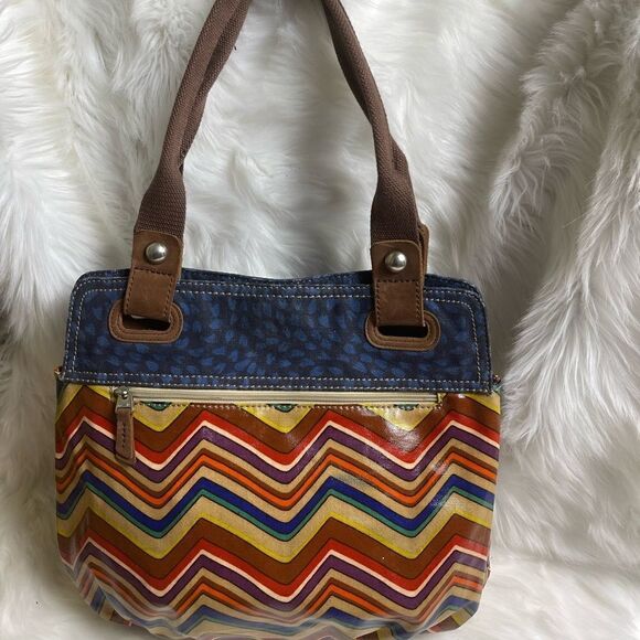 Fossil key Per multi color zigzag coated canvas ltote with blue & brown … - Picture 4 of 14